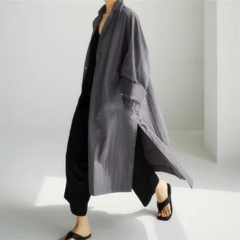 2023 Sommer Neue Kleid Mantel Mode Baumwolle Leinen Lose Feste Farbe Beiläufige Elegante Spleißen Regelmäßige Lange Hülse Weiblichen Mantel