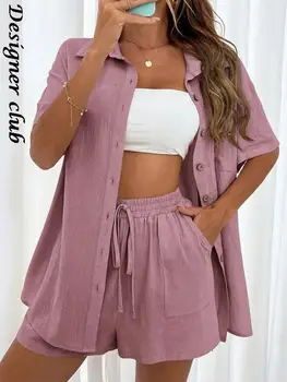 Baumwolle Casual Shorts Zwei Stück Anzug Sommer 2022 Solid Color Lapel Long Sleeve Shirts Outfits, Weibliche Elastische Taille Shorts Sets