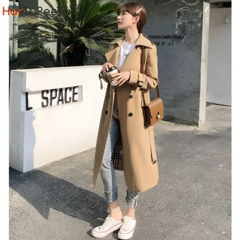 Frauen Lange Graben Mäntel mit V-Ausschnitt Zweireiher Winddicht Jacke mit Gürtel 2022 Herbst Fashion Street Wear Größe S-XL Dropshipping
