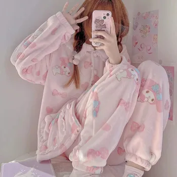 Kawaii Sanrio MyMelody cartoon anime Pyjamas getragen werden kann außerhalb der Mädchen-Pulver Plüsch süß und Niedlich Dicke warme Loungewear set