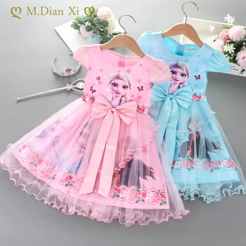 Kinder Bekleidung Frozen Anna Elsa Cartoon-Muster Snow Queen Fashion Bow Schmücken Mesh Kleid Formale Prinzessin Kleid Kinder Kostüm